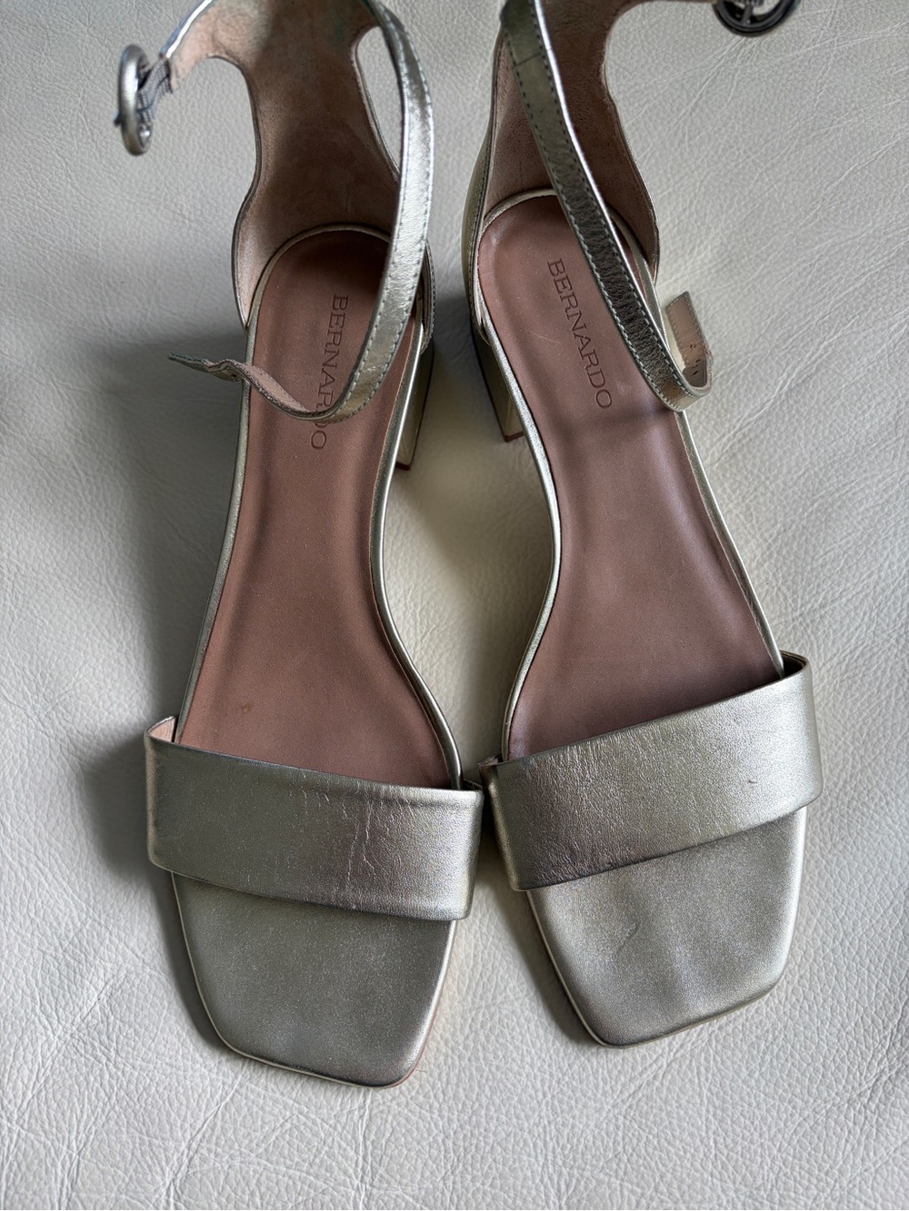 Bernardo Gold Ankle-Strap 1” Block Heel Sandal